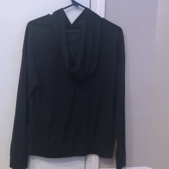 dark grey long sleeve tee with hood and twist at bottom - Picture 2 of 3